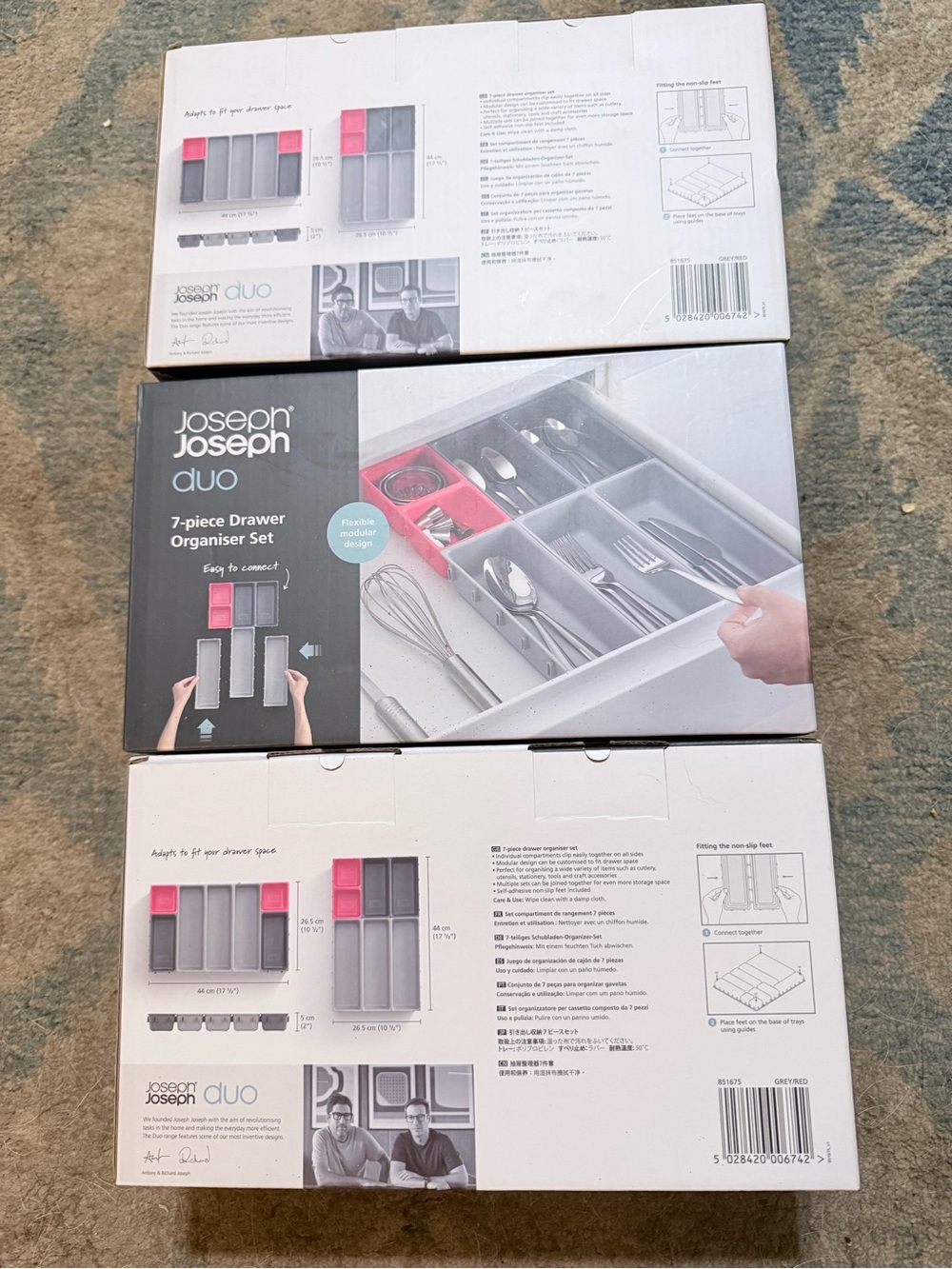 Duo 7-Piece Drawer Organizer Set - Gray with Pink Accents